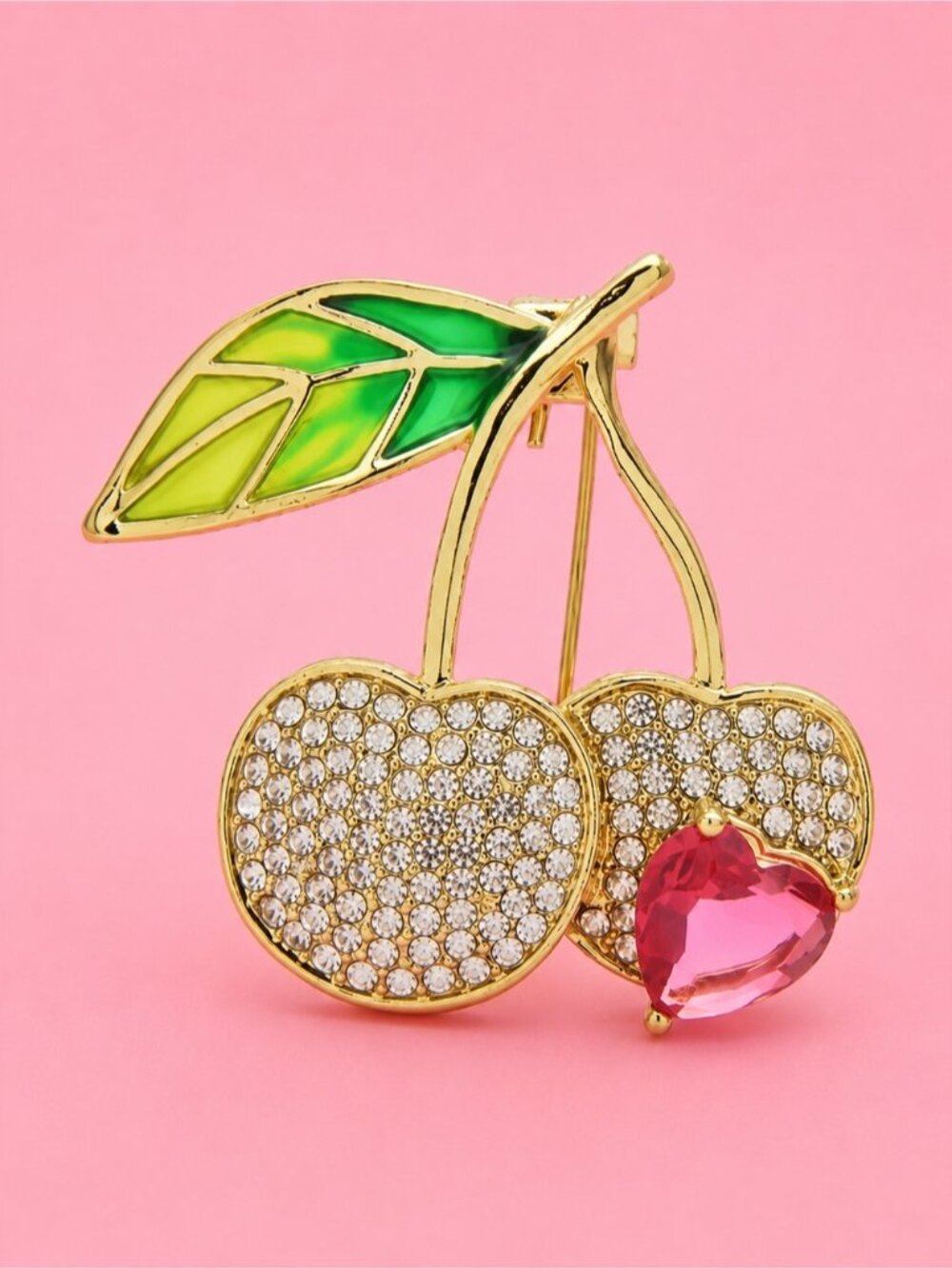 Gold Cherry Heart Crystal Brooch